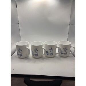 Arcopal France Vintage Milk Glass Coffee Mugs Set of 4 Blue Floral Pattern White